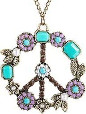New! Boho Peace Sign Necklace Handmade Colorful Hippie Flower Beads Turquoise